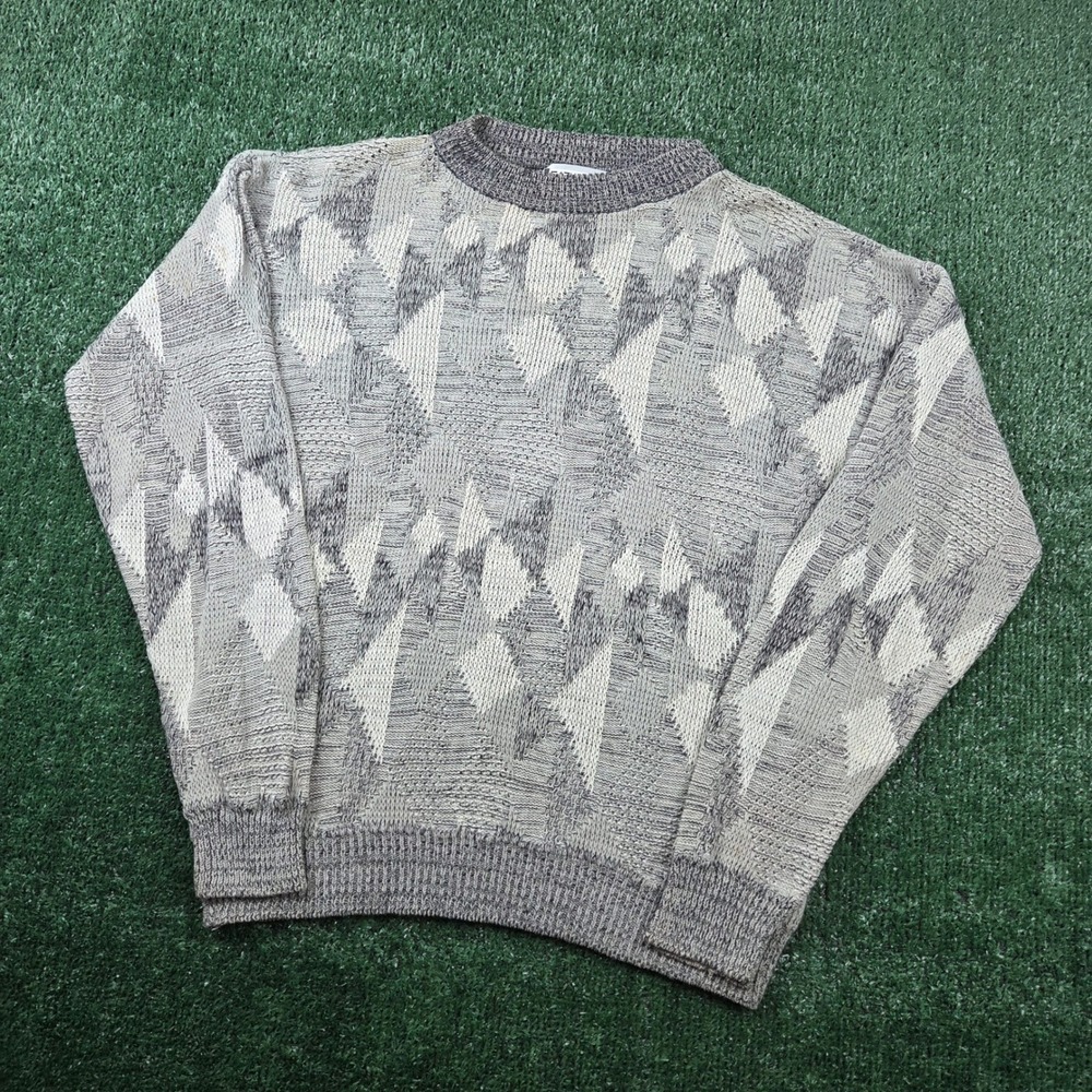 Vintage Abstract Geometric Knit Sweater Mens Gray White Textured Crewneck XL